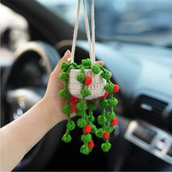 Handmade Woven Flower Plant Pot Yarn Knit Car Mirror/Wall Hanging Cute Accessory - Picture 3 of 5